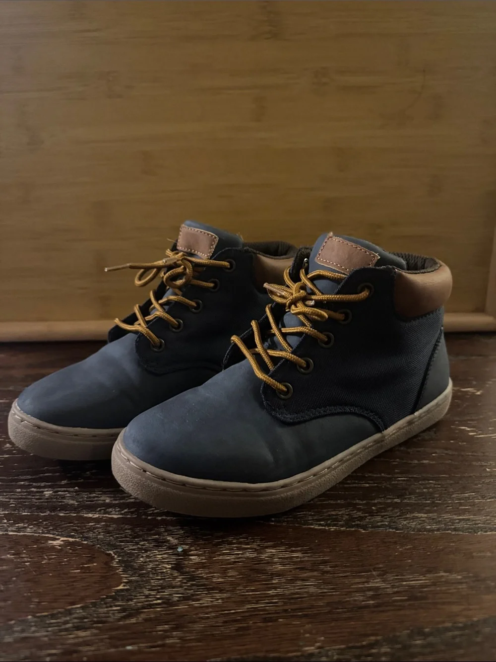 Kids Navy Blue High-Top Casual Sneakers with Tan Accents
